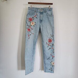 Topshop Moto Mom Jeans, floral embroidered, light wash, size 28
